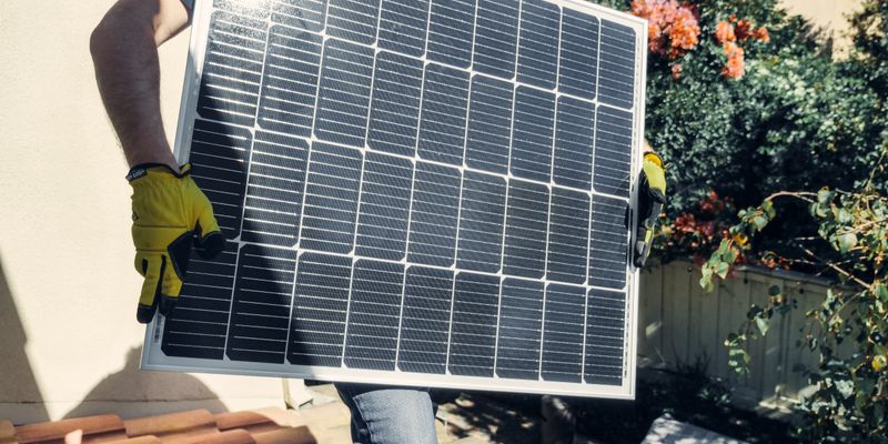 Monteur trägt ein einzelnes Solarmodul zur Montage